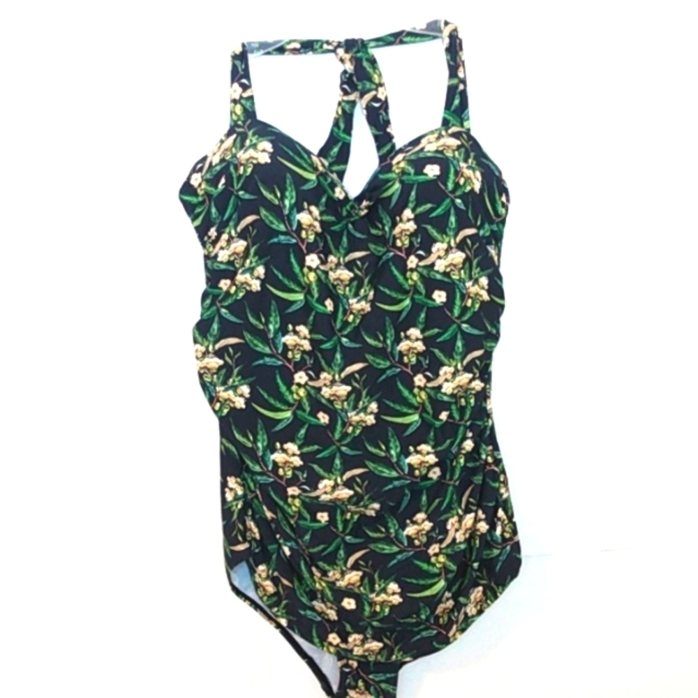 159 MATERNITY BLACK GREEN RUCHED V-NECK HALTER TIE ONE PIECE SWIMSUIT SZ XL NWOT